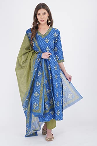 RATAN Women Cotton Kurta Palazzo With Dupatta Set (GUL4546_M_Indigo_M)