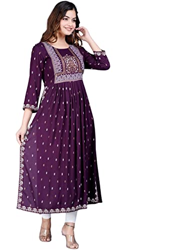 rytras Women's Rayon Printed Purple Nayra Cut Flared Kurta (Large)