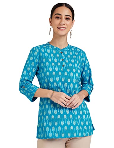 Amazon Brand - Myx Women's Cotton Printed Regular Short Kurti (SS20MYXCORE22_Light Teal_L)