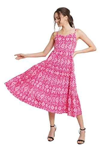 COTLAND Fashions Jaipuri Cotton Printed Flared Strappy A-Line Dress for Women (Shades of Pink)