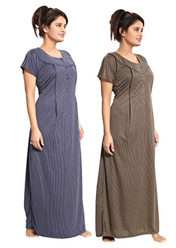 Fabme Women's Cotton Blend Striped Floor Length Night Gown (PO2-NW0142NBU-MH_Navy Blue, Mehendi_Free Size)