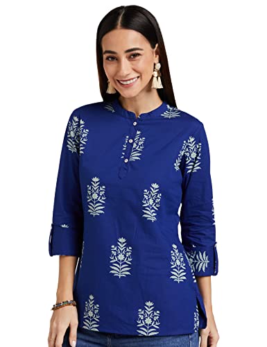 Amazon Brand - Myx Women's Cotton Screen Print Straight Short Kurti (SS19MYXTP019A1_Indigo 1_XX-Large 2XL)