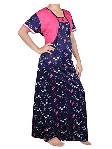 YKI Women's Synthetic Print Maxi Nightwear (RG-01_Navy Pink_XL)