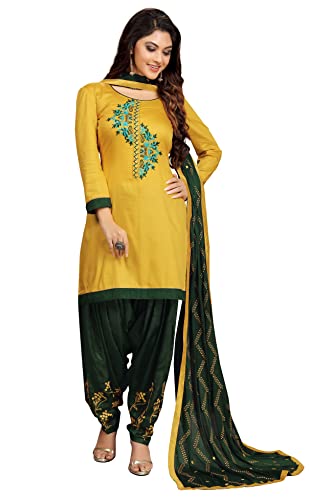 Panash Trends Women's Satin Silk Embroidery Salwar Suit Unstitched (Yellow)