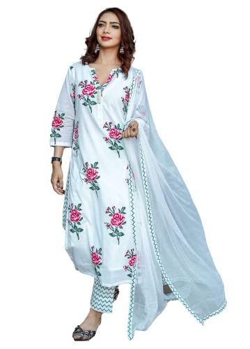 KLOSIA Women Pure Cotton Printed Straight Kurta with Pant & Dupatta Set