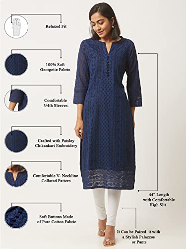 ZOLA Georgette Regular Fit V Neck with 3/4th Sleeves Calf Length Ethnic Wear Lucknowi Chikankari Kurta for Women Navy Blue