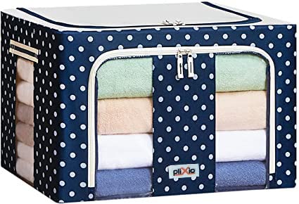 Plixio 66 LTR Storage Bag, Foldable Steel Frame Oxford Fabric Stackable Storage Bag for Clothes,Sarees,Bed sheet,Blanket With Large Clear Window Carry Handles (Polka Blue Pack of 1)