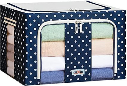 Plixio 66 LTR Storage Bag, Foldable Steel Frame Oxford Fabric Stackable Storage Bag for Clothes,Sarees,Bed sheet,Blanket With Large Clear Window Carry Handles (Polka Blue Pack of 1)