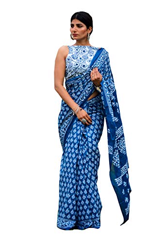 JALTHER Handicrafts Women's Ikat Hand Block Print Jaipuri Cotton Mulmul Saree with Blouse Piece - Blue