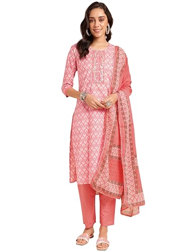 MIRCHI FASHION Women's Straight Fit Cotton Block Printed Kurta Set with Dupatta and Trouser (MK9694-Peach, Off White -L)