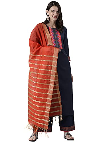 INDO ERA Women's Solid Cotton Blend Straight Kurta Palazzo with Dupatta Set (Navy Blue_KD4NB2125_X-Small)