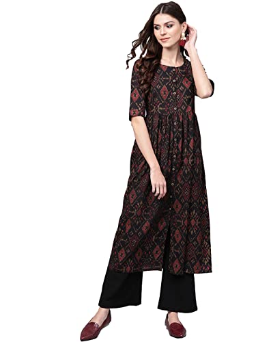 Vaamsi Women's Cotton Blend Geometric Printed Flared Kurti (VCK1371_Black_M)