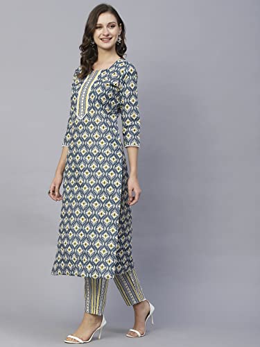 ANNI DESIGNER Women's Cotton Blend Straight Printed Kurta with Pant Set (Tbh Blue_L_Blue_Large)