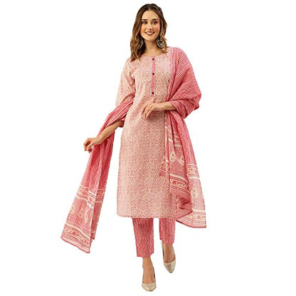 ZOLA Round Neck Cotton All Over Ethnic Print Pink Straight Kurta Set for Women with Dupatta