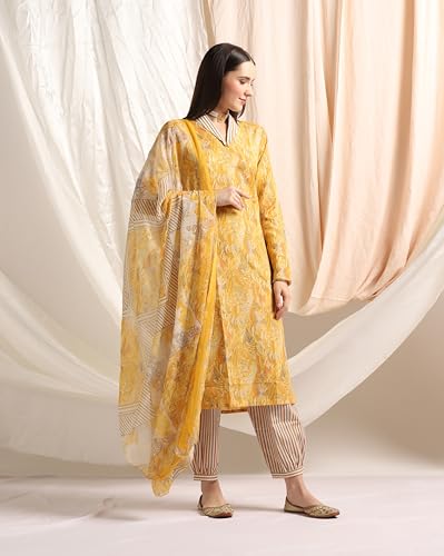 Leriya Fashion Cotton Blend Floral Foil Printed Indian Ethnic Kurta with Pant Set for Women Fancy Patiyala Pant Set for Traditional Ceremony Party Office Wear Kurti Set (Small, Yellow)