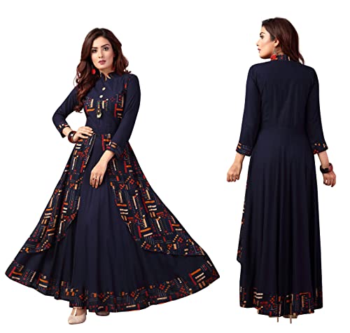 madhuram textiles Women's Rayon Gown Style Kurta (M-2082 L_Navy Blue_L)