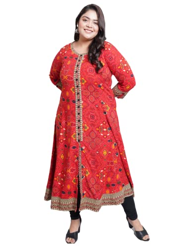 Yash Gallery Women's Plus Size Rayon Bandhej Printed Anarkali Kurta for Women (1337YKRED_Red_XXXX-Large)