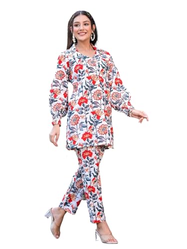 Leriya Fashion Women's Soft Rayon Floral Printed Straight Full Puff Sleeves Half Collared Ethnic Indian Traditional Party Function Home Casual Office Wear Kurta Pant Set (Medium, White)