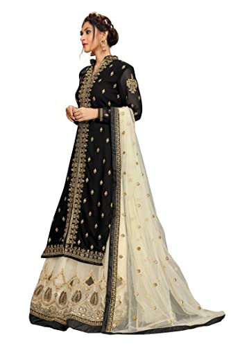 Trendmalls Women's Georgette Net Embroidery Salwar Suit Set Kurta Lehenga with Dupatta (TM.G80-Black-L-)