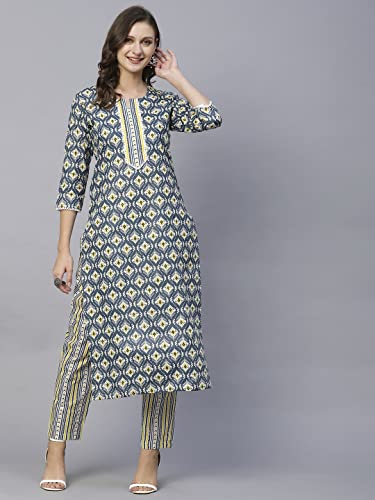 ANNI DESIGNER Women's Cotton Blend Straight Printed Kurta with Pant Set (Tbh Blue_L_Blue_Large)