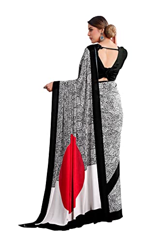 Jaanvi fashion Women's Black & White Geometrical Printed Crepe Saree With Unstitched Blouse Piece(simplify-8113a)