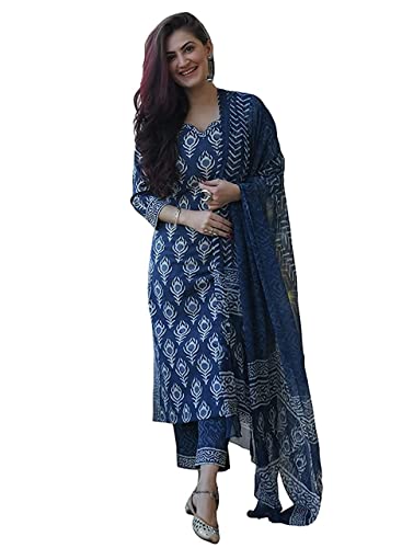 GoSriKi Women's Rayon Straight Printed Kurta with Pant & Dupatta (Bulgeriya Blue_L-GO_Blue_Large)