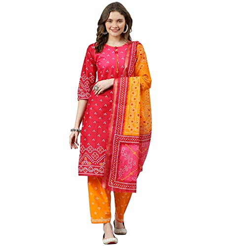 RATAN Women's Pure Cotton Bandhani Patiala Salwar Suit Set Latest (GC_319_3XL_Rani Pink)