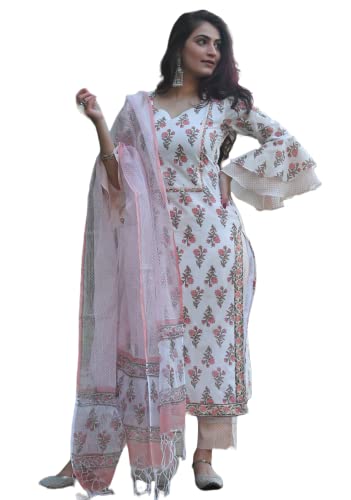 KLOSIA Women Block Printed Bell Sleeve Kurta and Pant Set with Printed Dupatta (Medium) White