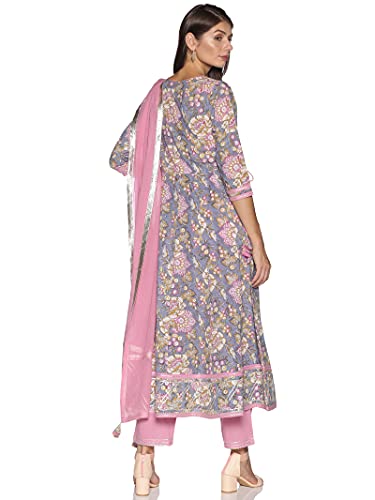 RAJMANDIRFABRICS Women Cotton Anarkali Kurta Pant and Dupatta set (PK1018017-L_Grey-Pink_L)