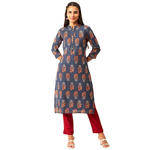 ZOLA Cotton Mandarin Collar 3/4th Sleeves Blue Block Print Ethnic Wear Kurta for Women