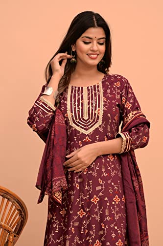 Jaipur Fashions Women Rayon Printed Anarkali Kurti with Pant and Dupatta Set (Large, Maroon)