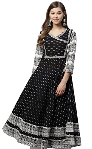 Yash Gallery Women's Cotton Slub Ikat Printed Flared Dress for Women (1164YKBLACK_Black_Large)