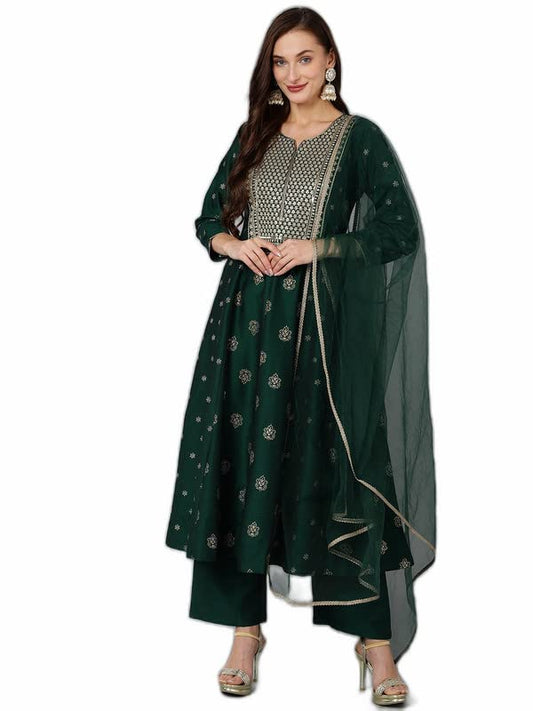 Vaamsi Women's Silk Blend Embroidered Flared Kurta Pant With Dupatta (PKSKD1709_Dark Green_S)