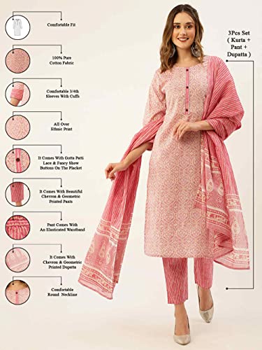 ZOLA Round Neck Cotton All Over Ethnic Print Pink Straight Kurta Set for Women with Dupatta