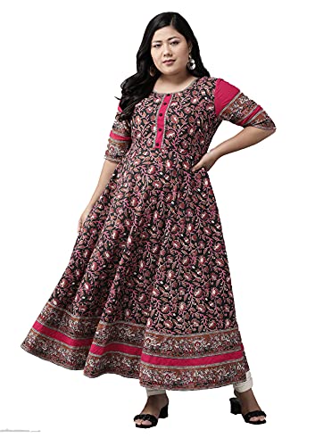 Yash Gallery Women's Plus Size Cotton Floral Printed Anarkali Kurta for Women (1262YKBLACK_Black_XXXXX-Large)