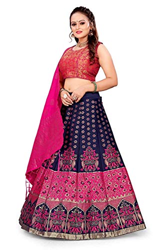 EKTA textiles Women's Wedding Special Semi Stiched Blue Heavy Banarasi Silk Lehenga Choli With Banarasi Duptta (BLUE PINK_XL,XXL)