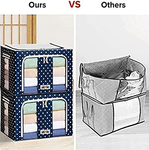 Plixio 66 LTR Storage Bag, Foldable Steel Frame Oxford Fabric Stackable Storage Bag for Clothes,Sarees,Bed sheet,Blanket With Large Clear Window Carry Handles (Polka Blue Pack of 1)