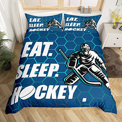 Ice Hockey Comforter Cover Hockey Sports Event Duvet Cover for Boys Girls Women Men Eat Sleep Hockey Winter Sports Hobby Quilt Cover Twin,Gradient Blue Geometry Honeycomb Bedding Set Zipper&Ties