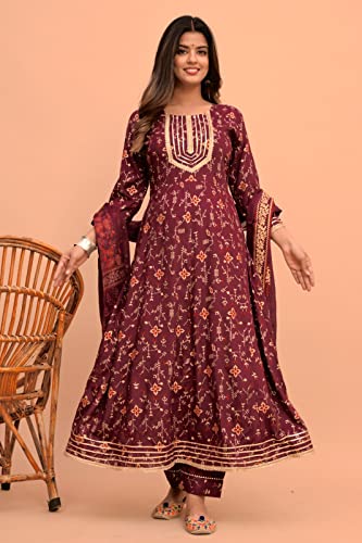 Jaipur Fashions Women Rayon Printed Anarkali Kurti with Pant and Dupatta Set (Large, Maroon)