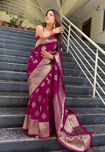 C J Enterprise Women's Banarasi Saree Pure Kanjivaram Silk Saree Soft Design Wear Pattu Sarees Latest Cotton With Blouse Piece for Wedding sadi new ladies 2023 (Pari12 Wine)