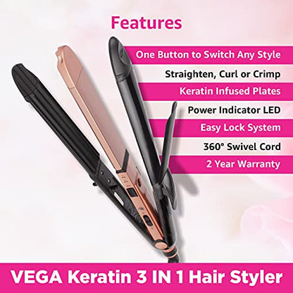 Vega 3 in 1 Hair Styler- Hair Straightener for Women, Hair Curler & Hair Crimper, India's No.1* Hair Styler Appliance Brand, (Keratin Hair Styler, VHSCC-03), Rose Gold