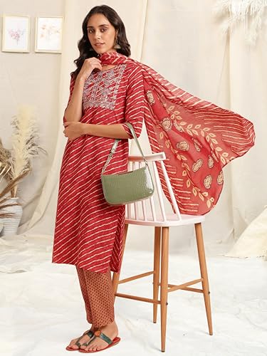 MIRCHI FASHION Women's Straight Fit Cotton Laheriya Printed Embroidered Kurta Set with Dupatta and Trouser (MK9765-Red, Beige-2XL)