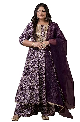 XL LOVE - By Janasya Women's Violet Cotton Floral Printed Kurta with Palazzo and Dupatta(PSET786-KR-PP-6XL)