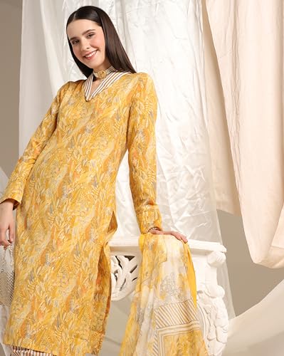 Leriya Fashion Cotton Blend Floral Foil Printed Indian Ethnic Kurta with Pant Set for Women Fancy Patiyala Pant Set for Traditional Ceremony Party Office Wear Kurti Set (Small, Yellow)