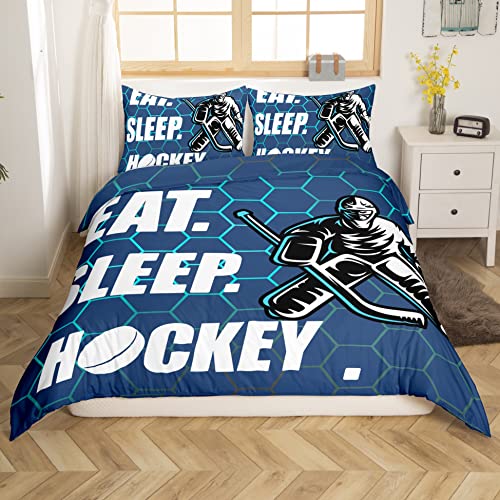 Ice Hockey Comforter Cover Hockey Sports Event Duvet Cover for Boys Girls Women Men Eat Sleep Hockey Winter Sports Hobby Quilt Cover Twin,Gradient Blue Geometry Honeycomb Bedding Set Zipper&Ties