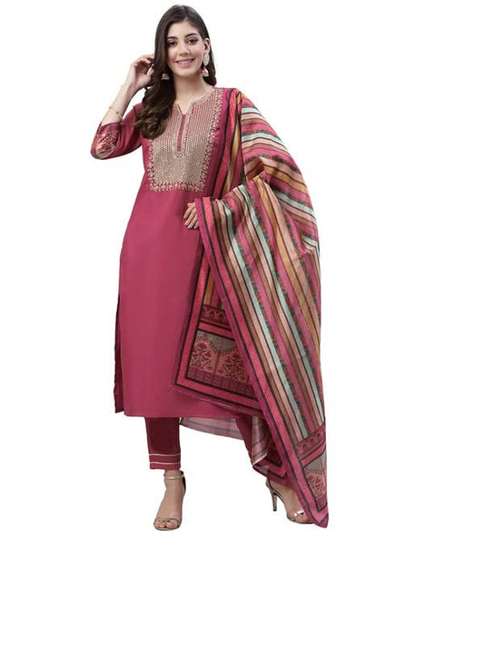 Sanisa Women's Chinon Embroidery & Digital Print Straight Kurta Set with Dupatta (28KBD371N-Xl_Rose Pink)