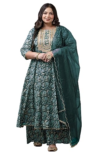 XL LOVE - By Janasya Women's Teal Cotton Floral Printed Kurta with Palazzo and Dupatta(PSET833-KR-PP-6XL)