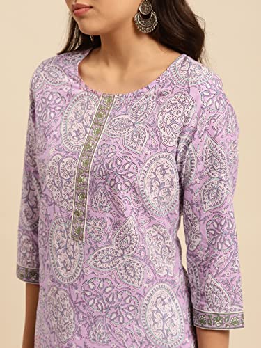 rangita Women 100% Cotton Purple Jaipuri Printed Knee Length Straight Kurti