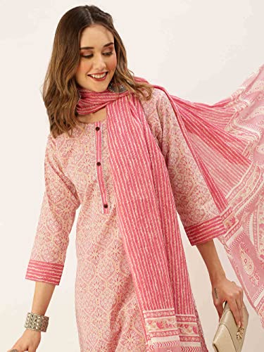 ZOLA Round Neck Cotton All Over Ethnic Print Pink Straight Kurta Set for Women with Dupatta