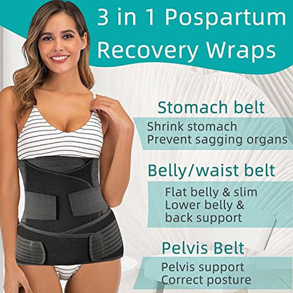 PLETHEON 3 In 1 Postpartum Belly Band Post Pregnancy Postpartum Abdominal Belt For Women After Birth Support Band Recovery Belly/Waist/Pelvis Wrap Postnatal Shapewear, (Fit from 30 Inch to 46 Inches of waist)